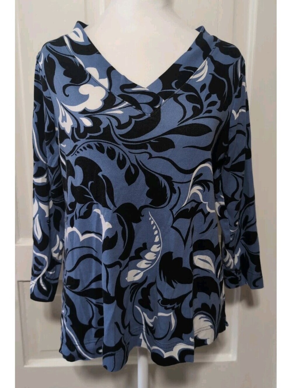 Chico's Pima Cotton 3/4 Sleeve V Neck Blouse Floral Women's 1(M)(1400)B